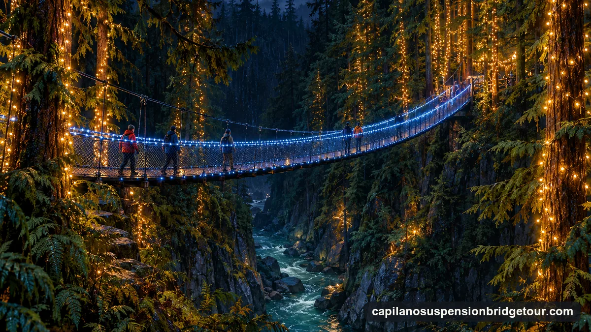 Illustration: tall firs wrapped in gold lights on both walls of a dark forested canyon at night, a suspension footbridge outlined in blue lights across it, a few visitors in winter coats crossing