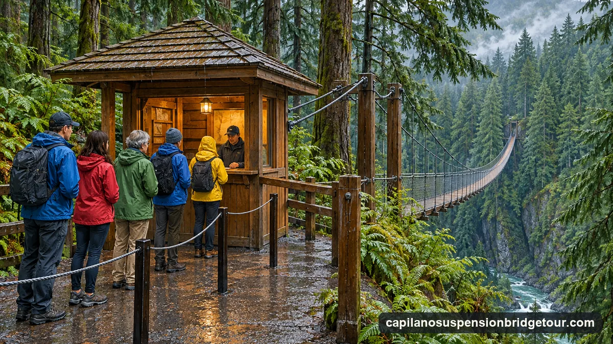 Illustration: a timber ticket kiosk with a shingled roof at the edge of a tall rainforest, a short queue of visitors in rain jackets, the cables of a suspension bridge leading into the trees behind, only forest beyond