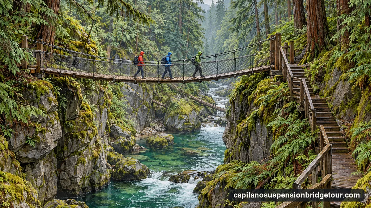 Illustration: a short, narrow wooden suspension footbridge low over a tight rocky gorge in dense rainforest, wooden stairs down the canyon wall beside it, a green river with pools below, a few walkers crossing