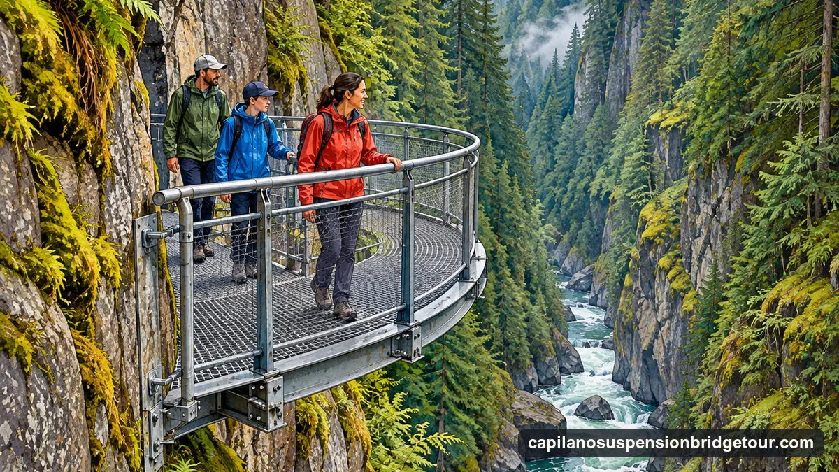 Illustration: a narrow cantilevered walkway with a grated floor and steel railings bolted to a sheer granite cliff, curving out over a forested canyon, a green river far below, a few visitors in rain jackets on it