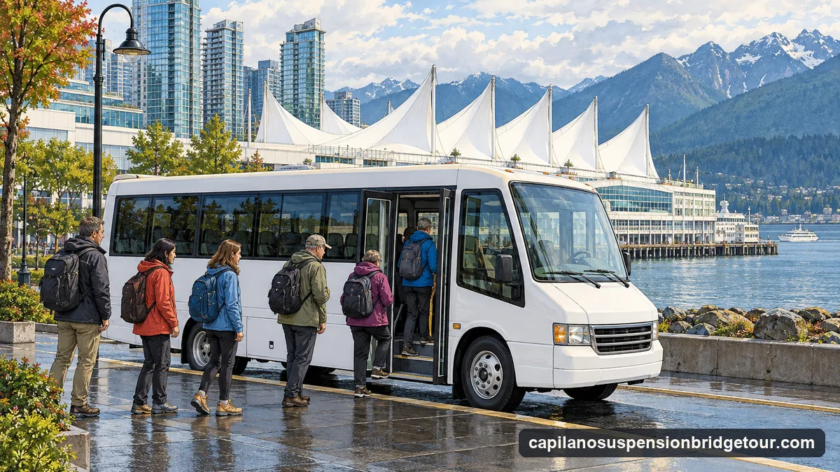 Illustration: a plain white passenger shuttle bus with no markings waiting at a downtown waterfront kerb beside a large white sail-roofed building, visitors with day bags queueing to board in daylight
