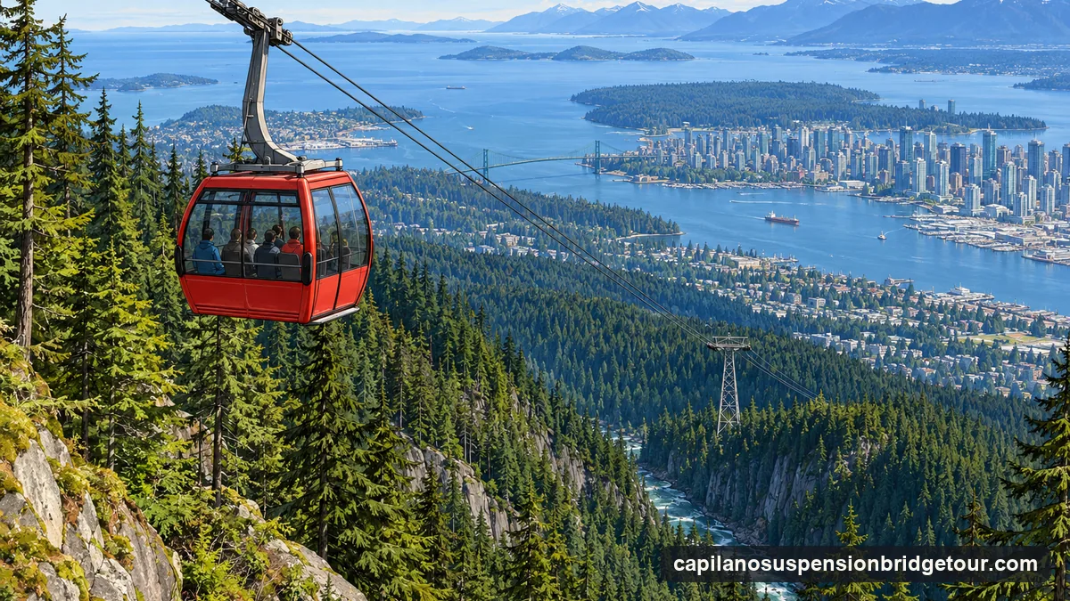 Illustration: a red aerial tram cabin climbing over a forested mountainside on a clear day, the city, the harbour and distant islands spread out far below
