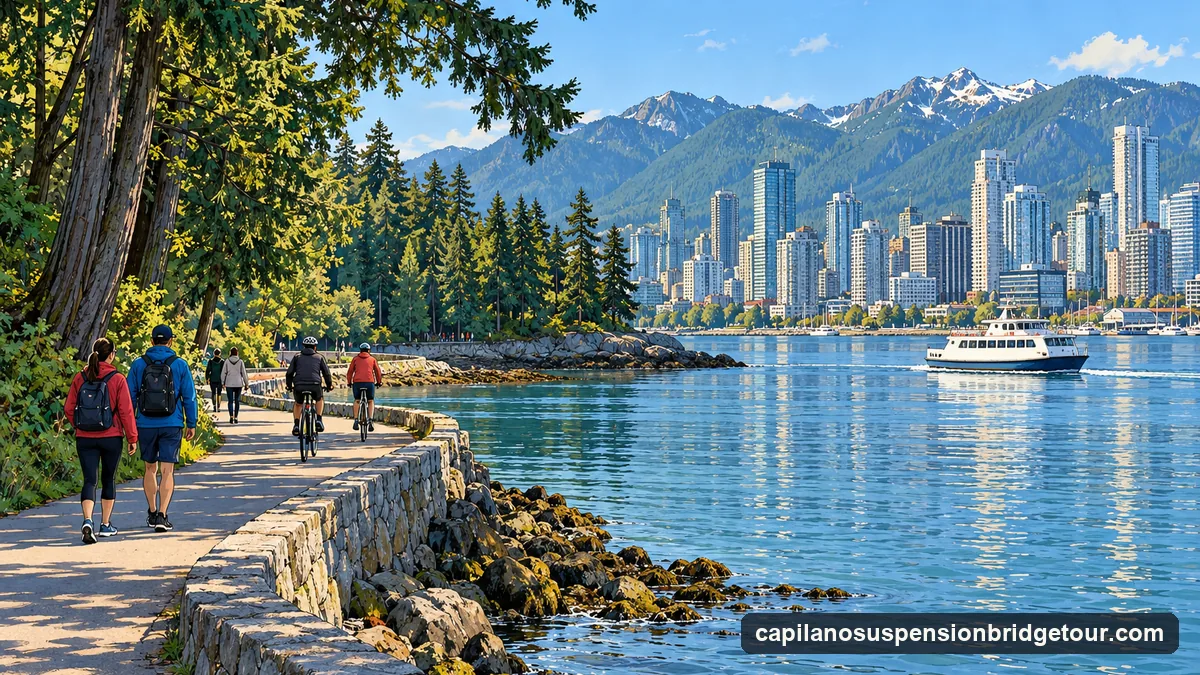 Illustration: a seawall path along a sunny harbour with a city skyline of glass towers across the water, forested mountains behind, walkers and cyclists on the path in daylight
