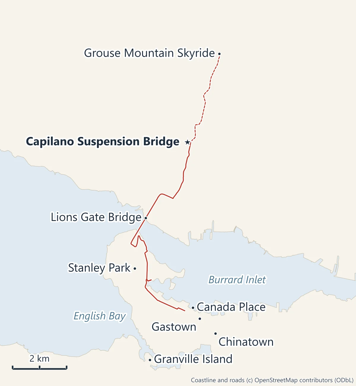 Map of a day in Vancouver: Granville Island, Gastown, Chinatown and Canada Place downtown, Stanley Park, the Lions Gate Bridge, Capilano Suspension Bridge on the North Shore and the Grouse Mountain Skyride above it